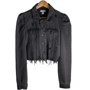 Forever 21 Distressed Denim Jacket with Puffed shoulder - Black - Wome…